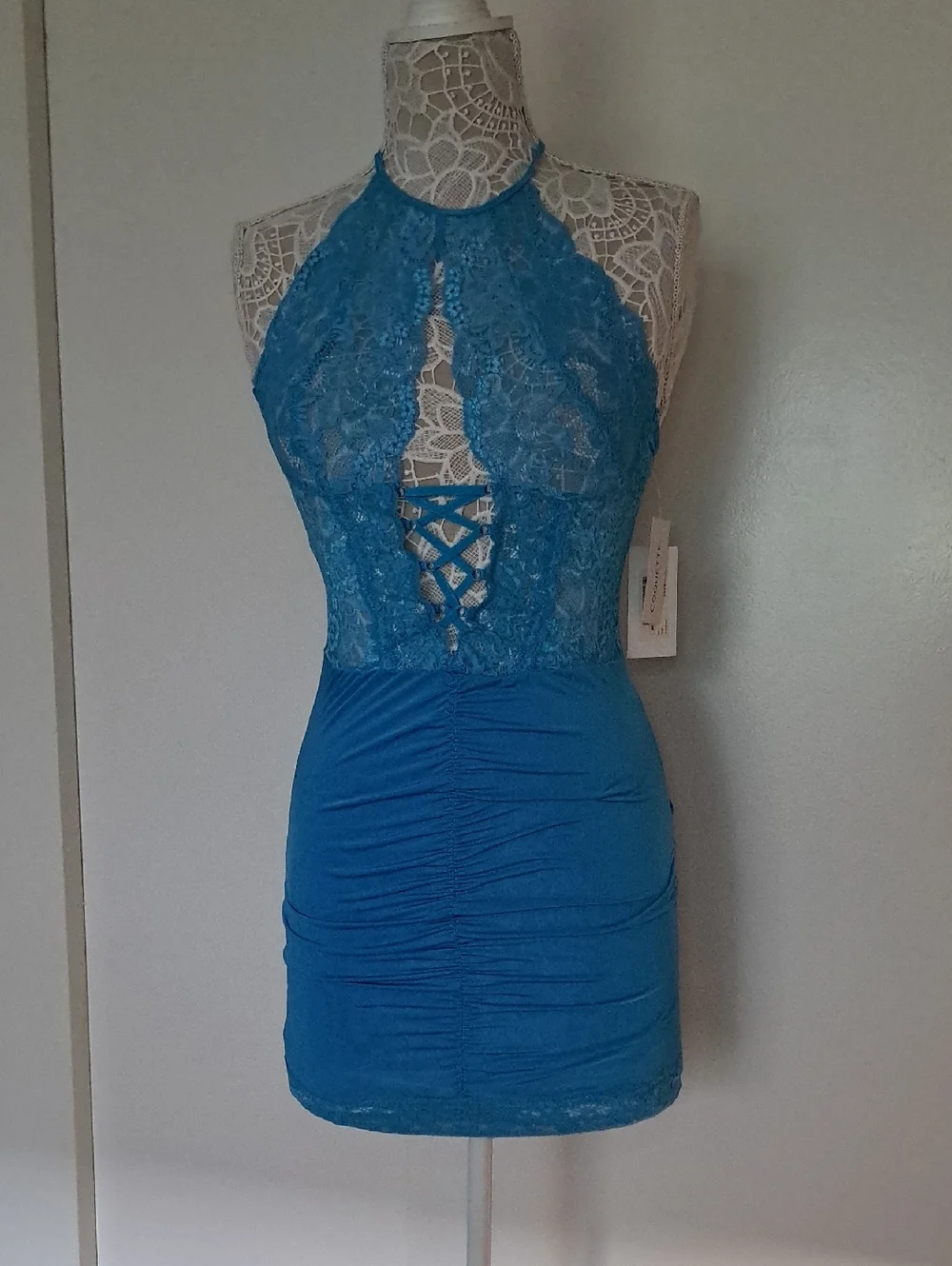 Coquette Lace Halter Chemise Mini Dress in Teal Blue